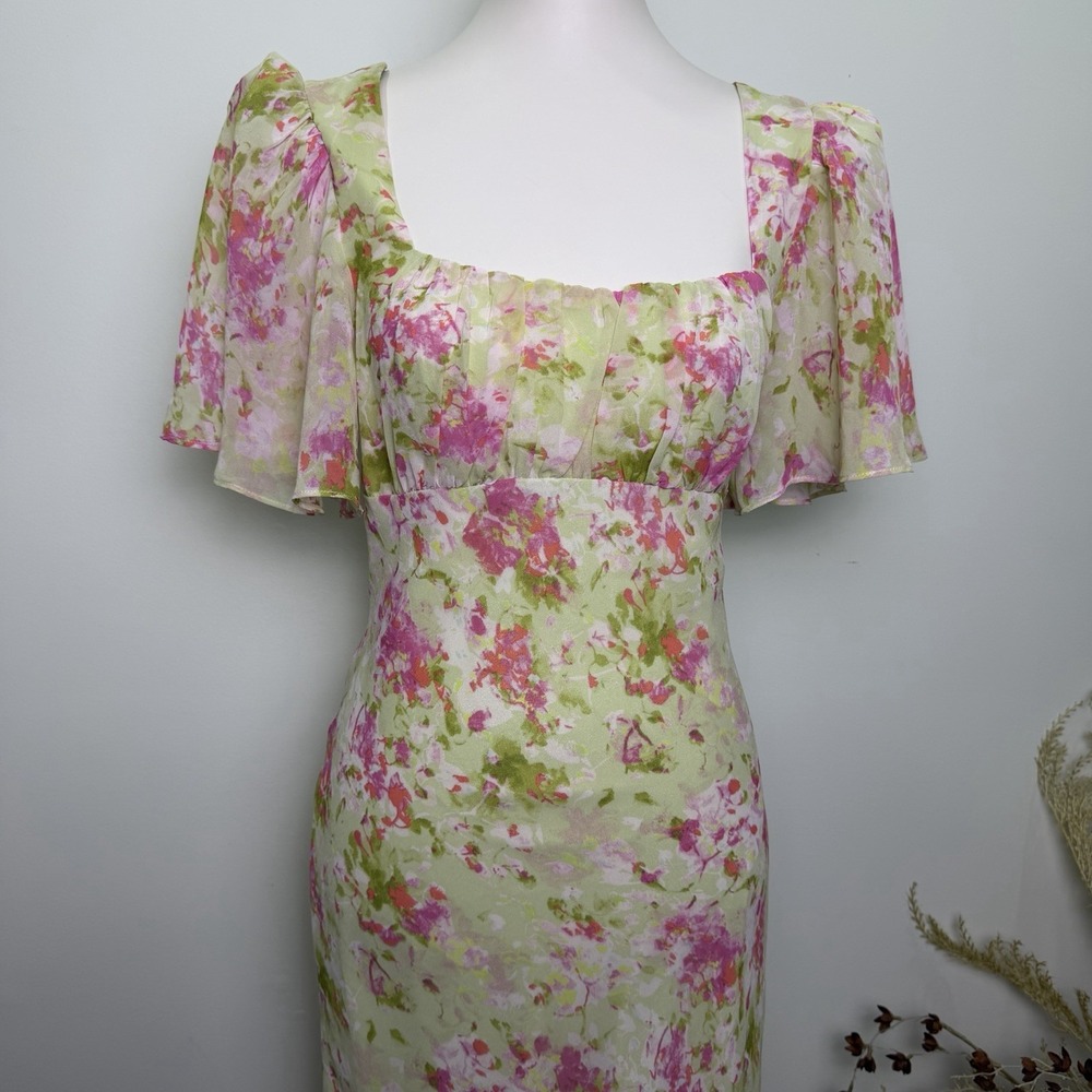 ASTR Tie Back Flutter Sleeve Open Back Cut Out Maxi Dress in Lime Pink Floral L - Picture 2 of 9